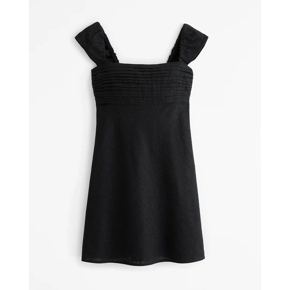 Abercrombie & Fitch Emerson Black Linen Blend Pleated Bodice Mini Dress MT Tall